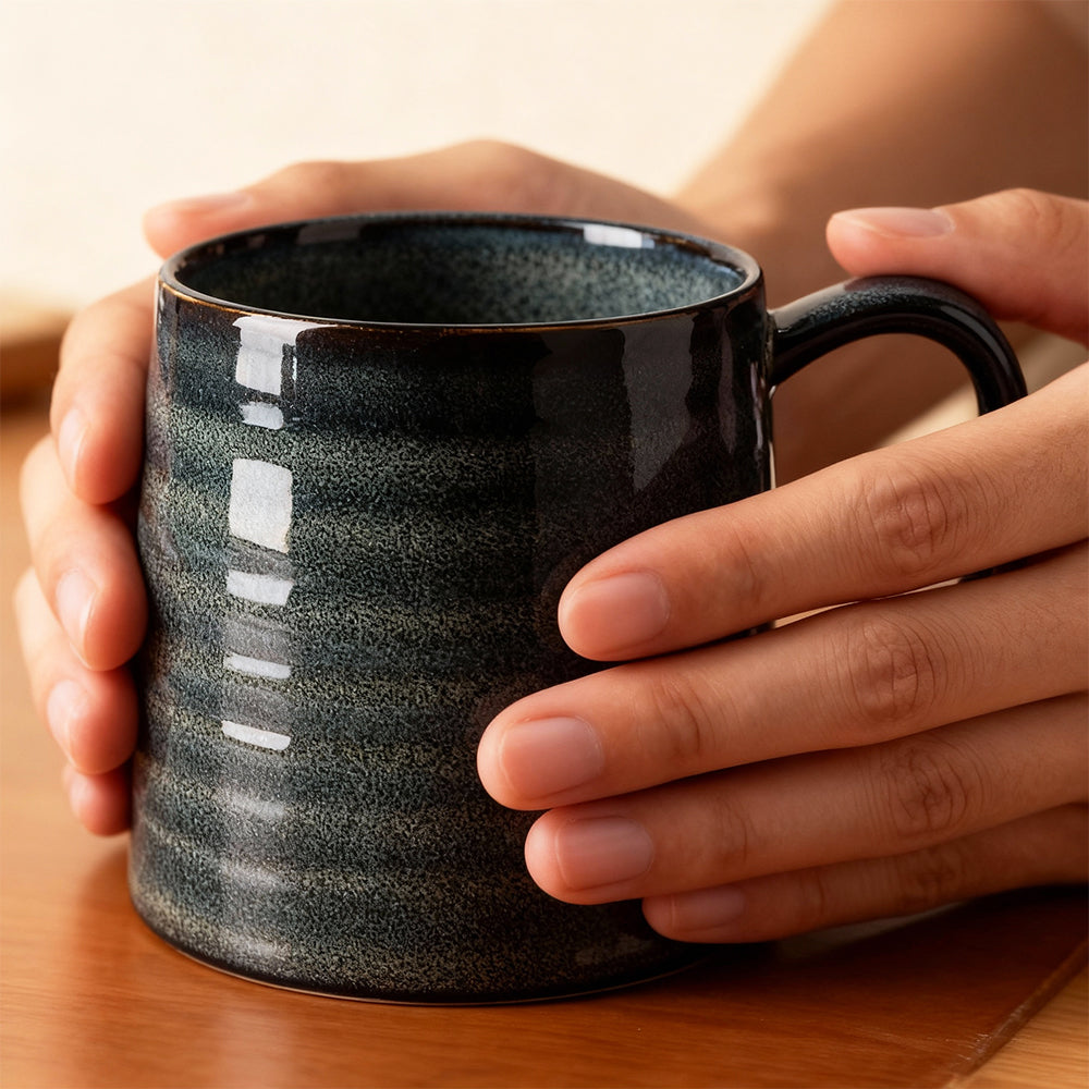 21oz Large Ceramic Coffee Mug Transmutation Glaze with Stripe Pattern